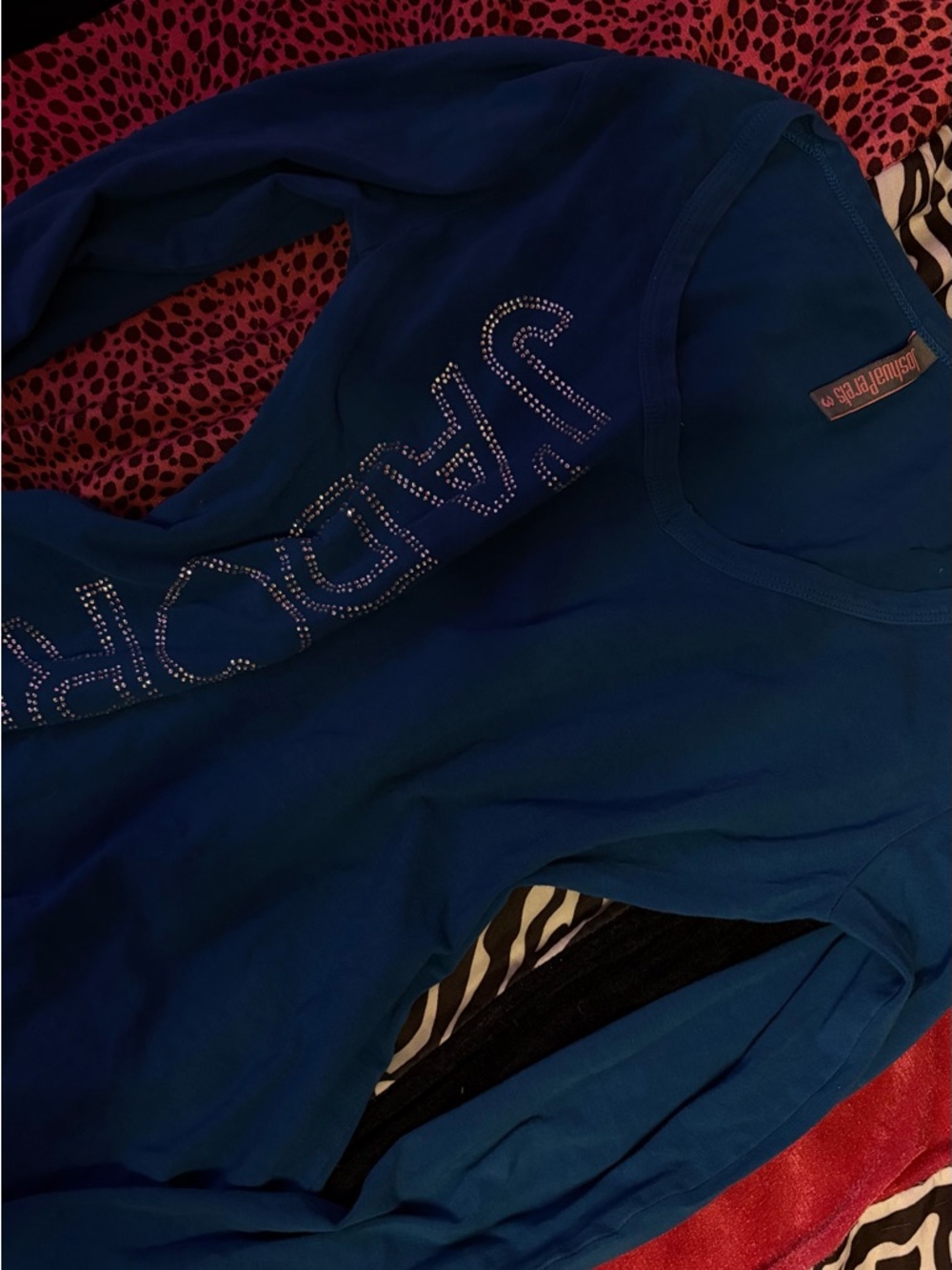 Joshua Perets Vibtage Blue Jeweled Logo Long Sleeve Top